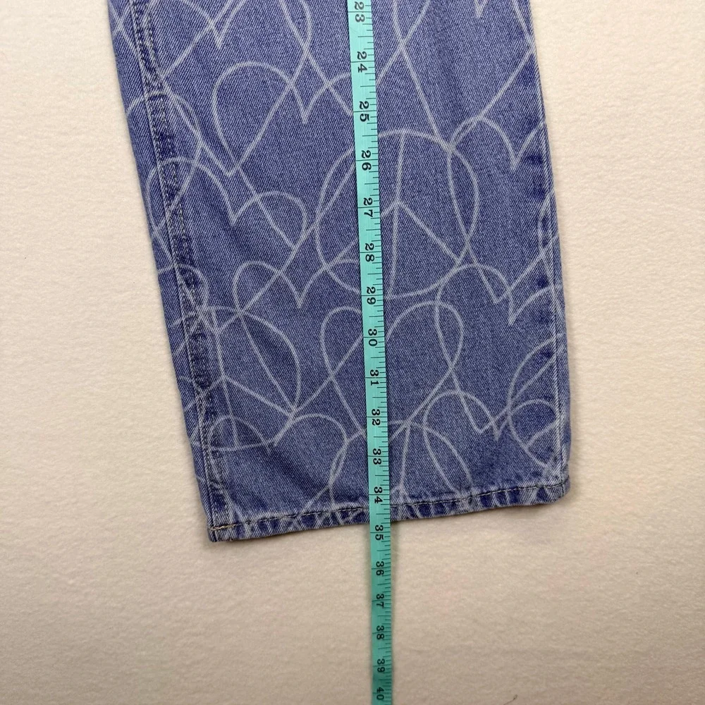 Y2K Wide Leg Jeans Blue Heart Peace Sign Print Retro Slouchy Girls Sz10 Kidcore
